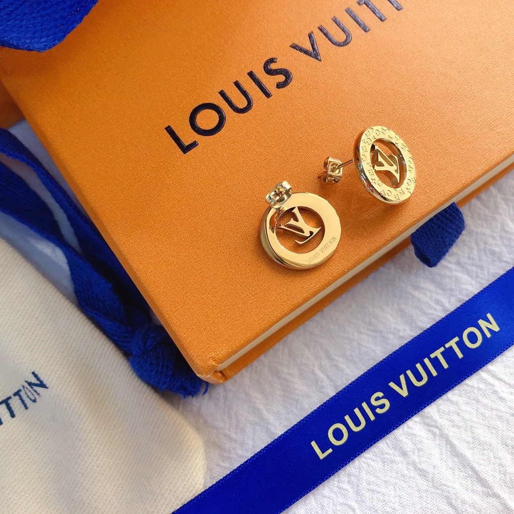 LOUIS VUITTON Khuyên Tai Tròn Bằng Thép Titan In Logo LV Thời Trang