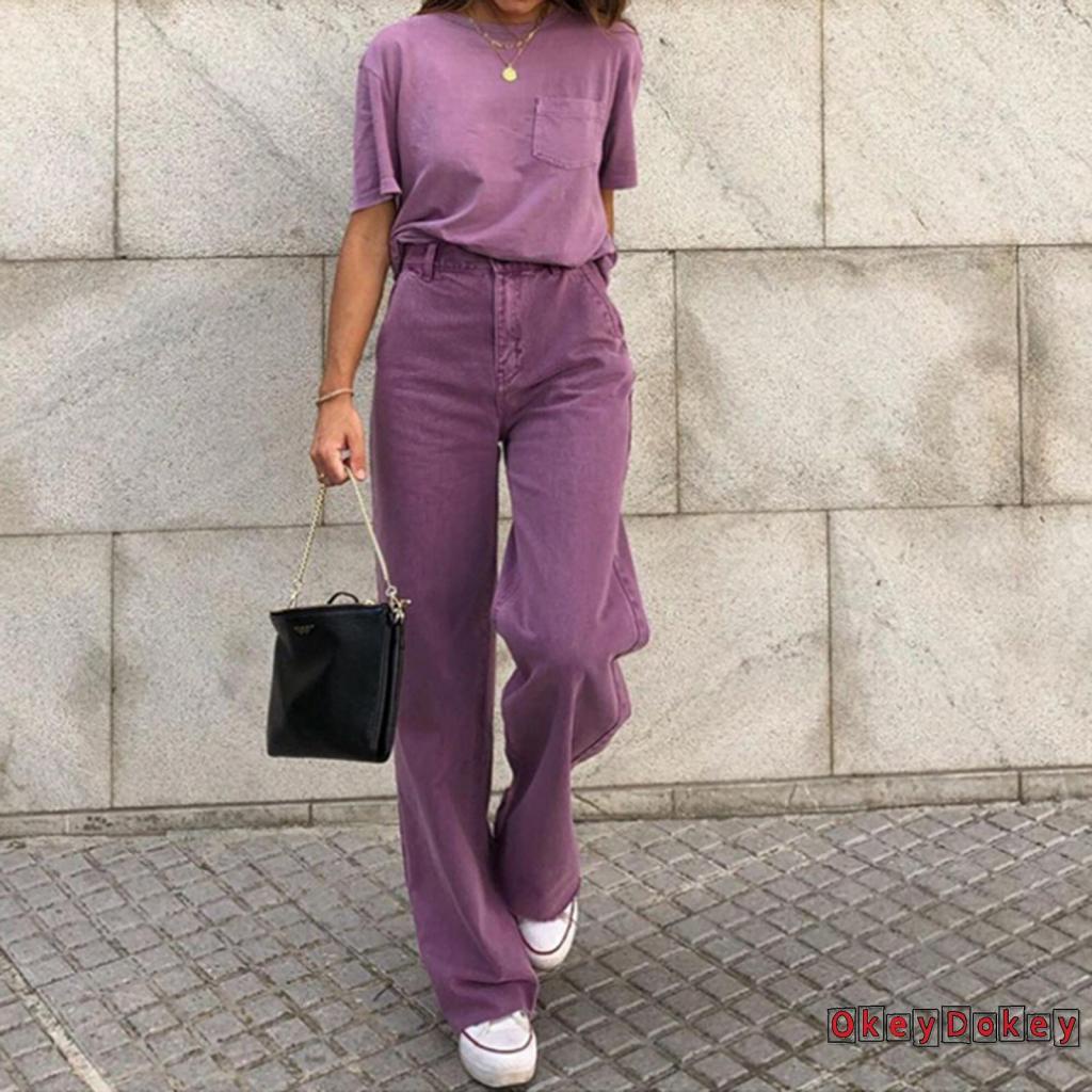 Quần Jean Ống Rộng Màu Trơn Hai Túi Thời Trang Cho Nữ