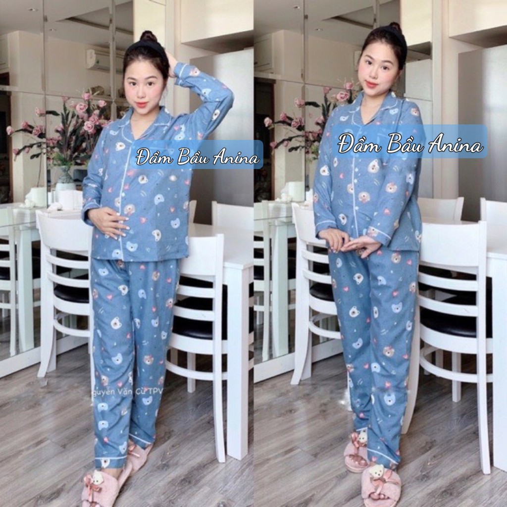 Đồ bộ bầu Pijama mặc bầu và sau sinh  Dài Tay chất kate thái BPJM930 (Có khóa hoặc túi ngực như hình)