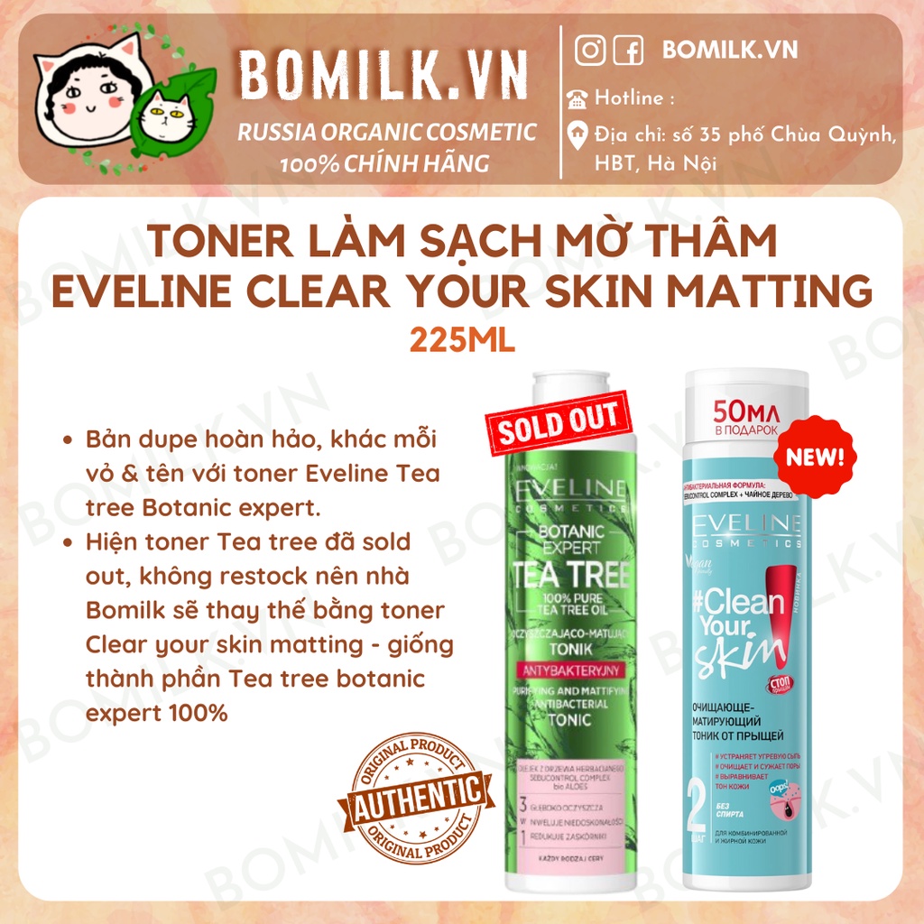 Toner acid Clear your Skin Trà xanh Eveline - làm sạch. giảm thâm và giữ ẩm