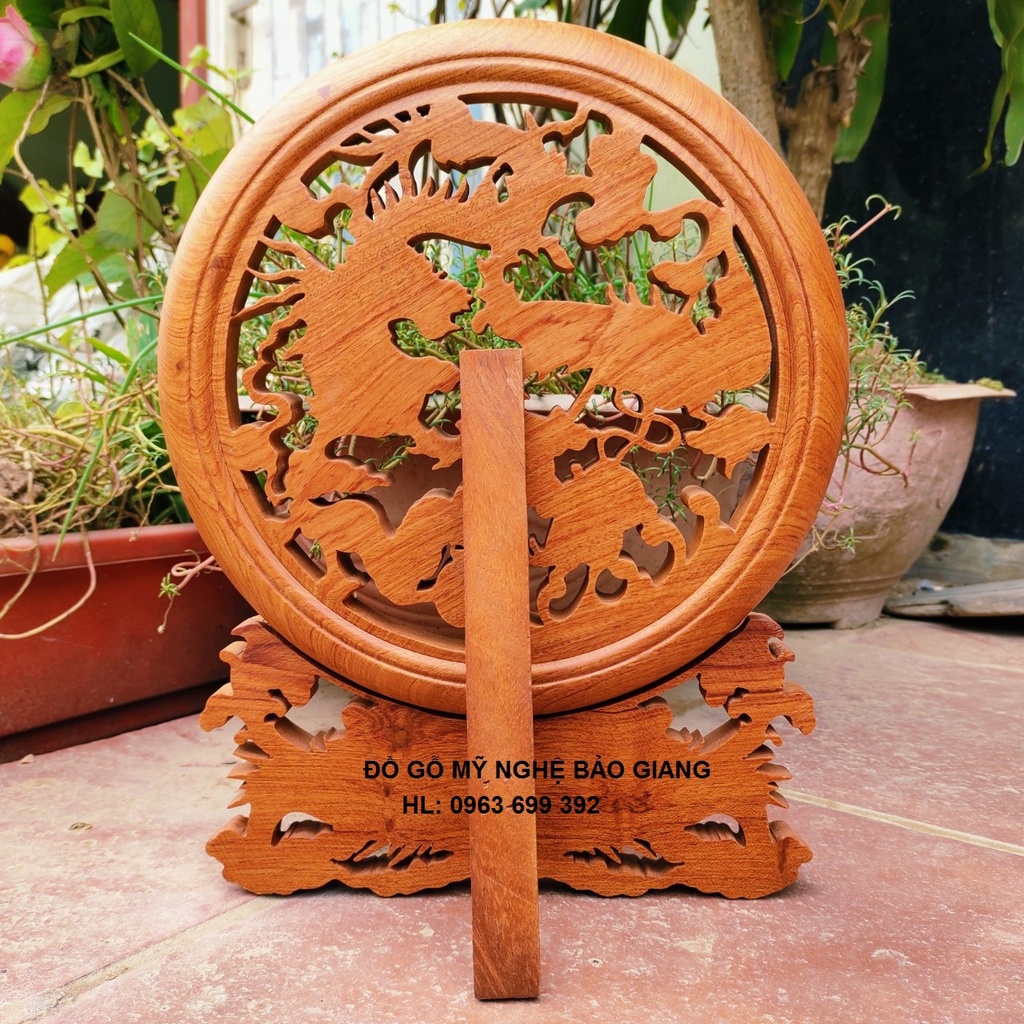 Đĩa trang trí phong thủy khắc Tứ Linh gỗ hương