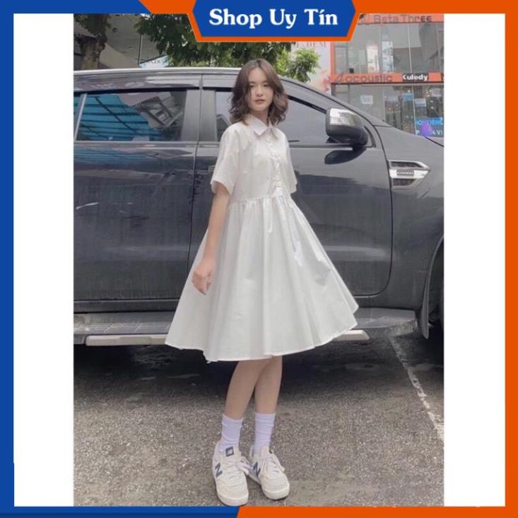 Váy Babydoll Trắng Tay Ngắn Dáng Xòe  Đầm Đi Dự Tiệc Cưới,Đi Chơi,Form Rộng Cổ Sơ Mi Ulzzang Hàn Quốc VD044