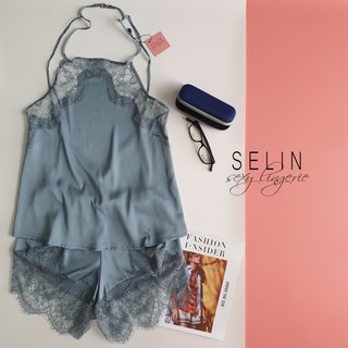 [Hình thật + video] Đồ bộ ngắn cổ yếm lụa satin phối ren DB002