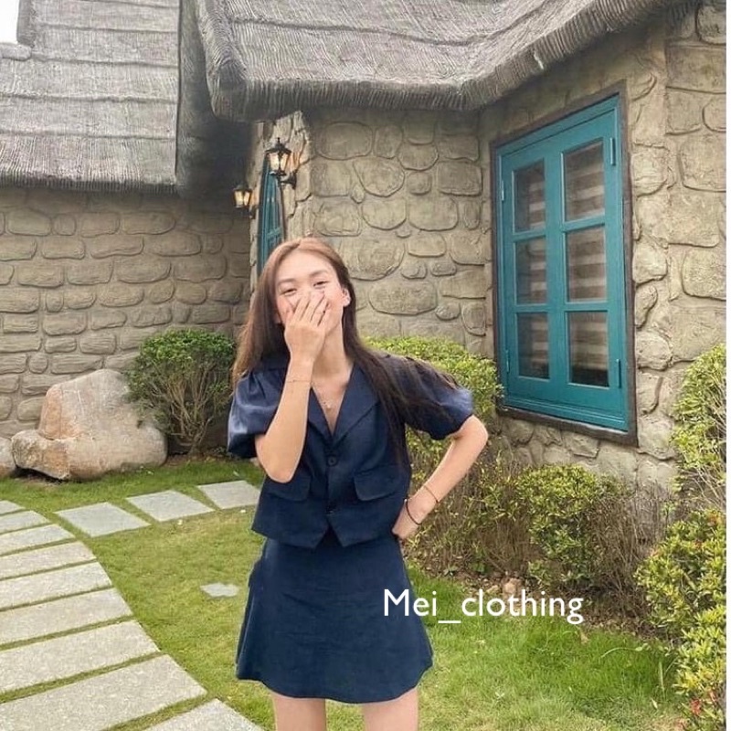 [Hàng QC/sẵn] Set váy công sở thiết kế thanh lịch/ Áo croptop tay bồng kèm chân váy