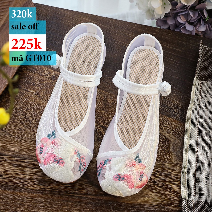 Giày thêu hoa lưới dây cài đế thấp