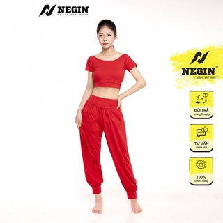 Bộ Đồ Tập Yoga Alibaba NEGIN Dài Áo Croptop Cộc tay Ôm Body Và Quần Bo Gấu Chất Cotton Lạnh Cao Cấp Thấm Hút Mồ Hôi
