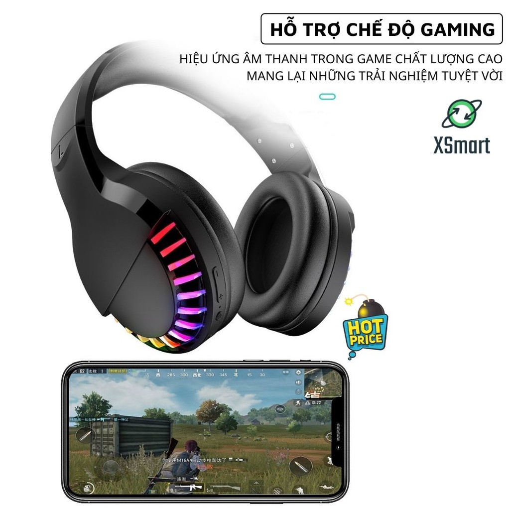 Tai nghe bluetooth headphone gaming SH33 Super Bass đèn led đổi màu RGB dùng cho điện thoại máy tính pc laptop