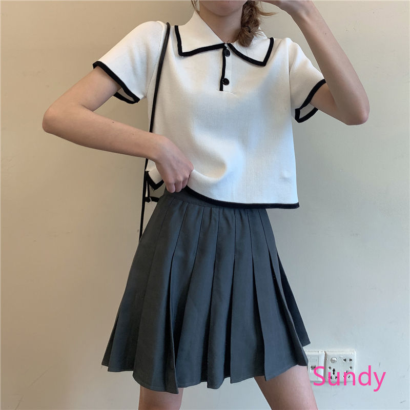 Áo thun tay ngắn dáng ôm màu tương phản thời trang cho nữ