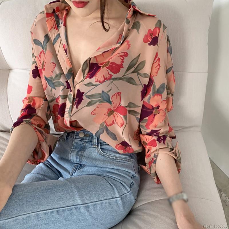 Áo Sơ Mi Chiffon Nữ Tay Dài In Hoa Độc Đáo Thời Trang