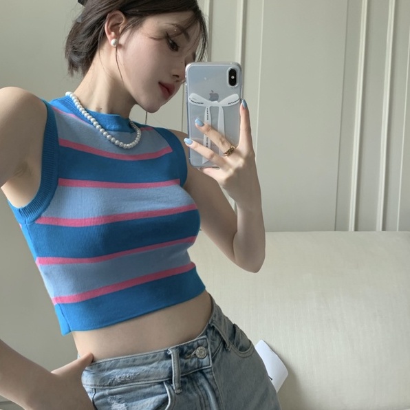 Áo dệt kim ZHELIHANGFEI không tay kẻ sọc gợi cảm thời trang