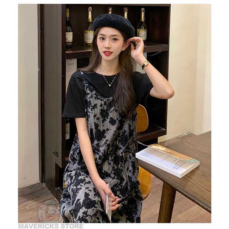 Set Đầm Hai Dây Màu Đen Chất Liệu Chiffon Họa Tiết Hoa Phong Cách Pháp Cho Nữ