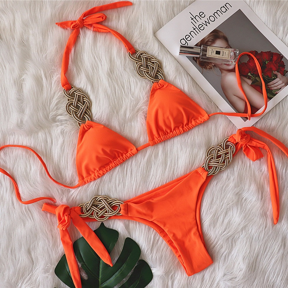 [BKN1183] &lt;ÂU&gt; SET BIKINI TRIANGLE TRẮNG/CAM NEON KHUY XOẮN QUẦN THONG/LỌT KHE