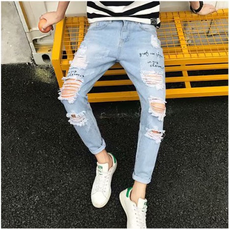 Quần jean rách nam nữ dáng baggy màu xanh in chữ nhạt Pon.mens