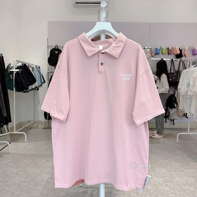 Áo Polo Cotton Unisex Form Rộng Nam Nữ In Chữ Simple