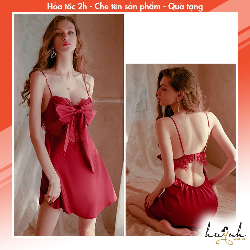 Đầm Ngủ Hai Dây Lụa Phối Ren và Nơ, Váy Ngủ Hở Lưng Cao Cấp GUIRUO (tặng kèm quần chip) - N66