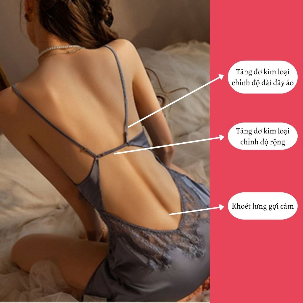 Váy ngủ sexy có mút ngực Đầm ngủ 2 dây lụa satin phối ren xẻ tà tặng quần chip M72