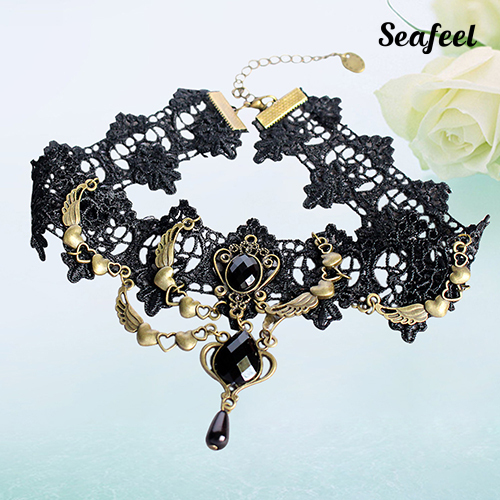SF Vòng Cổ Choker Ren Hoa Đính Đá Hình Giọt Nước Phong Cách Gothic Cho Nữ