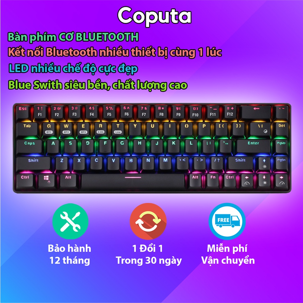 Bàn phím cơ Coputa bàn phím bluetooth không dây mini kết nối điện thoại laptop máy tính bảng Full LED XM68