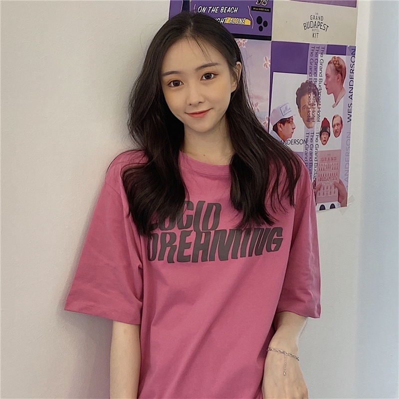 Áo Thun Nữ Ngắn Tay Cổ Tròn In Chữ Thời Trang