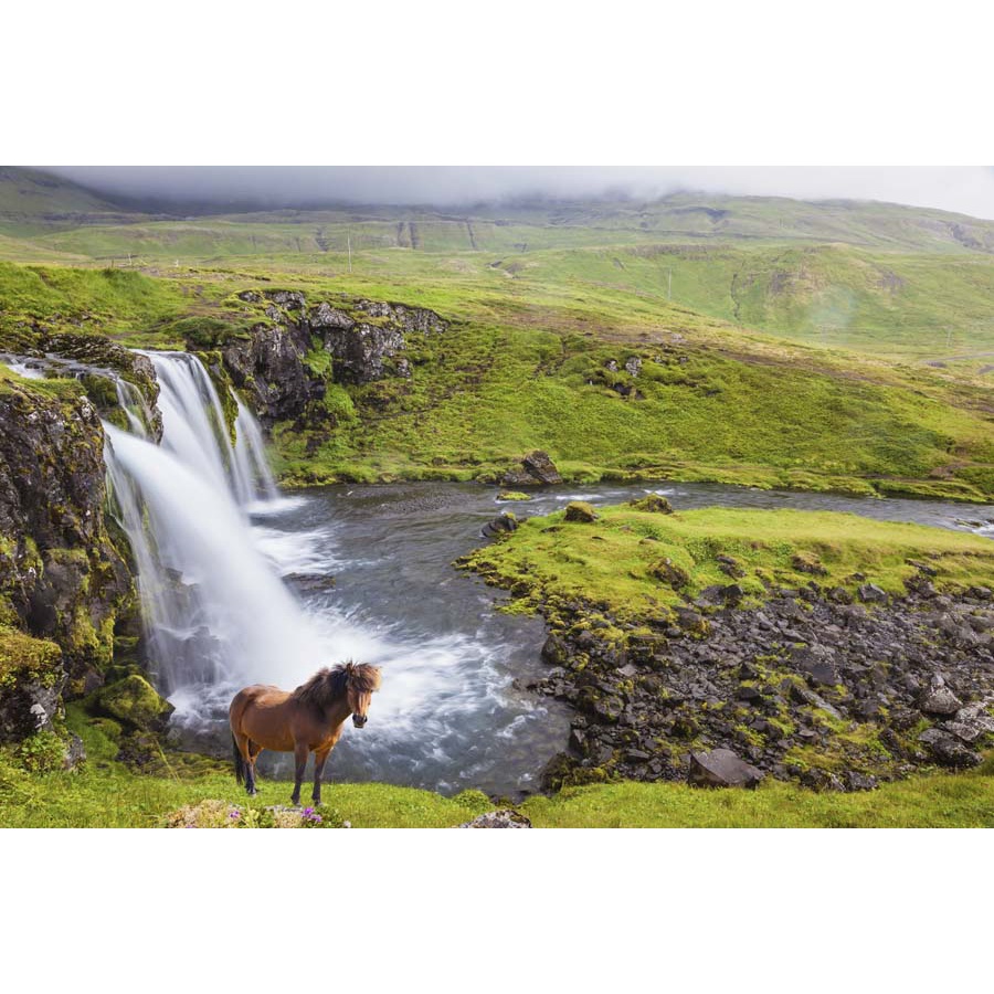 Tranh 3d thác nước chảy trong lành với thảm cỏ, rừng núi xanh ngắt, mây trắng bồng bềnh