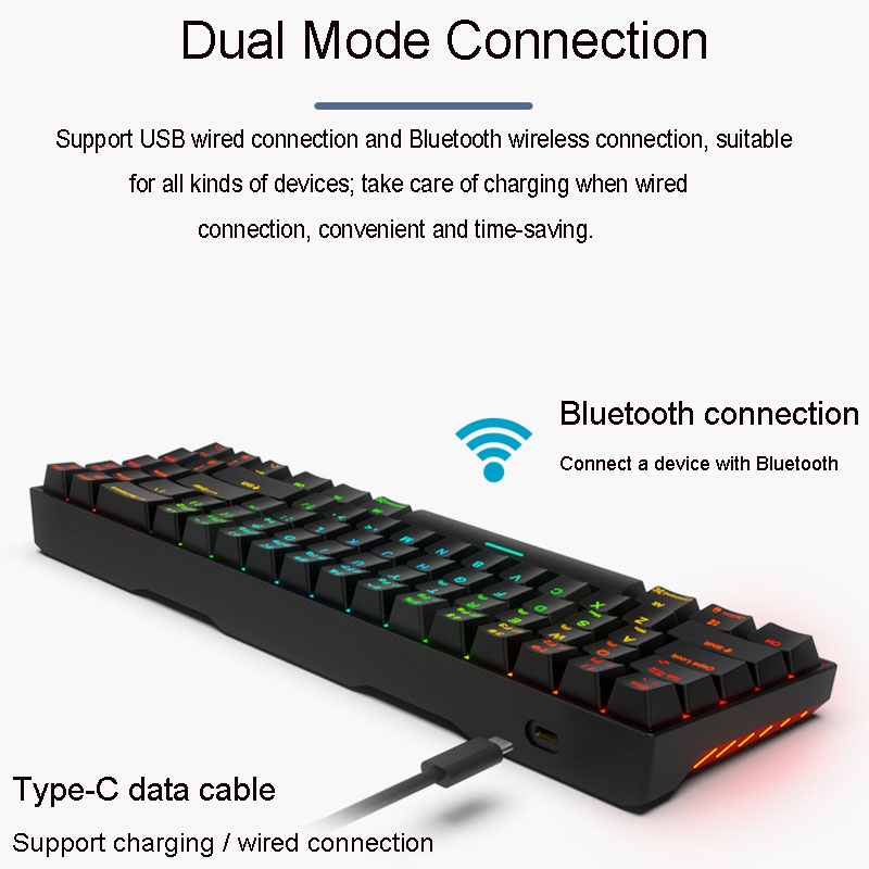 Bàn phím chơi game bluetooth 5.0 RK71 Royal Kludge USB C USB C 60% RGB Bluetooth 2.4G có đèn nền