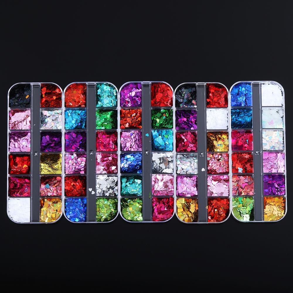 Hộp 12 Ngăn Đựng Hạt Kim Sa Hình Trái Tim 3D Trang Trí Móng Tay Nghệ Thuật DIY