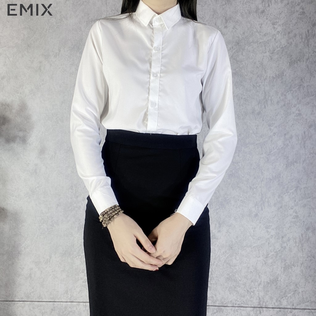 Áo sơ mi nữ công sở EMIX (màu trắng), dài tay, form rộng, cổ sơ mi, chất lụa thô mềm mịn, không nhăn, không lộ a65