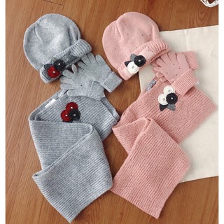 Set nón len + khăn + găng tay cho bé gái