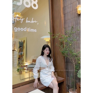 Đầm trắng linen khoét eo [ Hình shop chụp ]