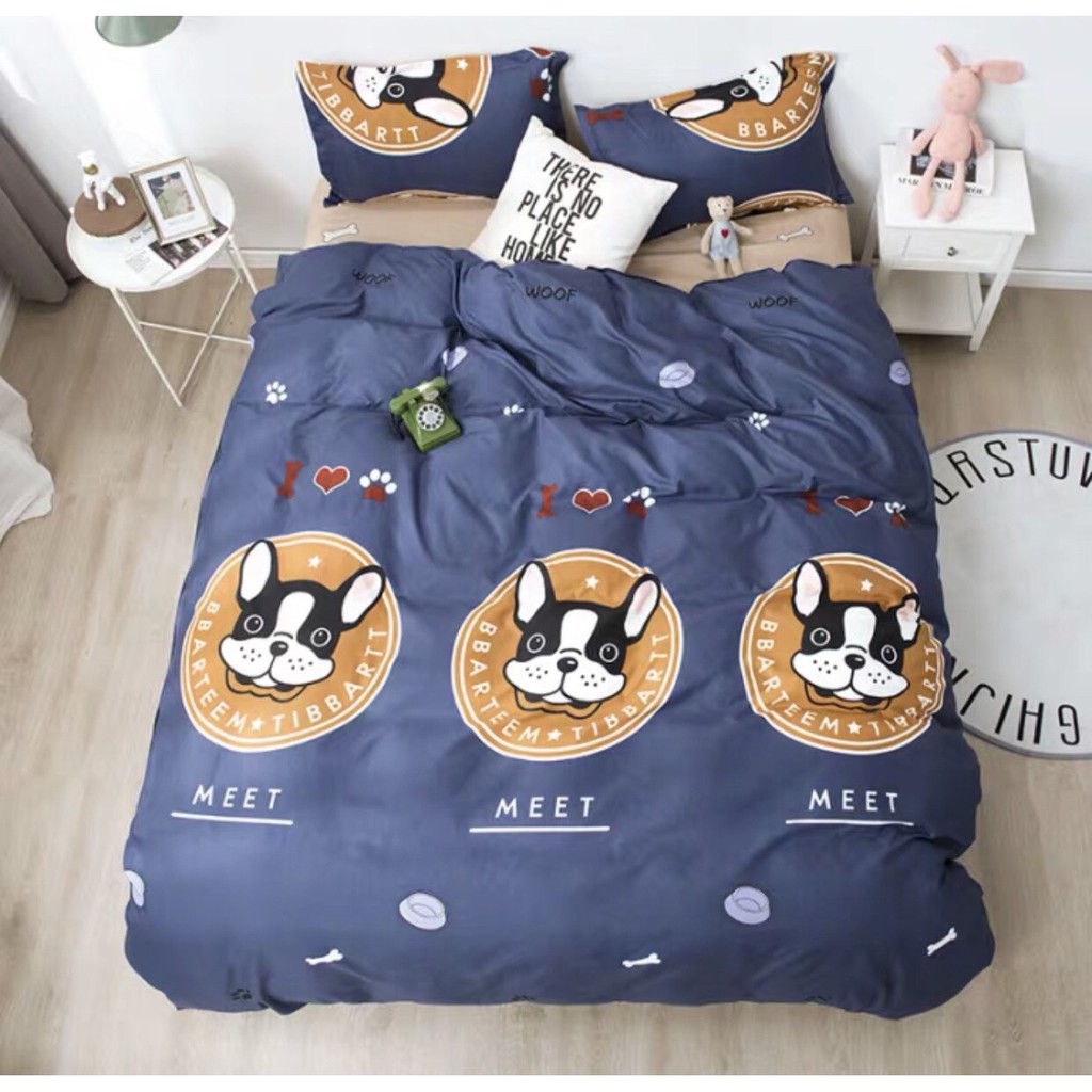 Bộ Chăn ga gối cotton poly Emmidecor cao cấp mẫu chó mặt xệ giá tốt