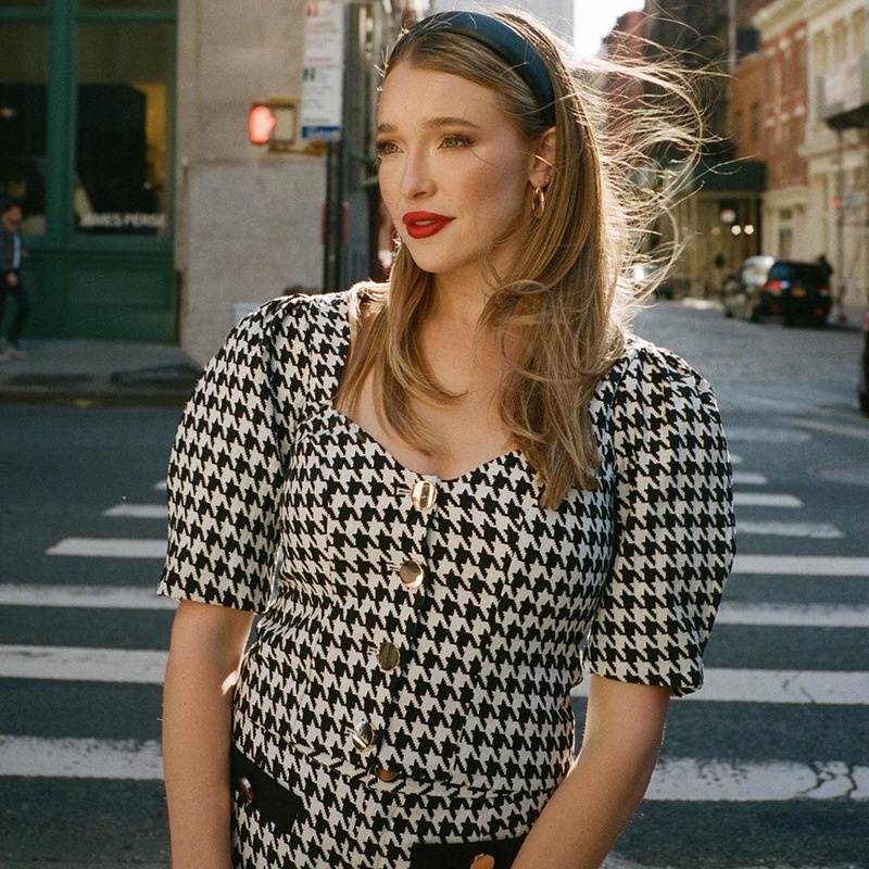 Áo Thun Ngắn Tay Cổ Vuông Phối Nút Họa Tiết Houndstooth Thời Trang Cho Nữ