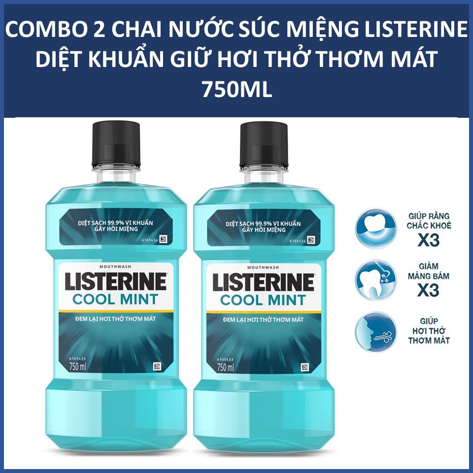 COMBO 2 Nước súc miệng Listerine Diệt khuẩn giữ hơi thở thơm mát Cool Mint 750mlx2