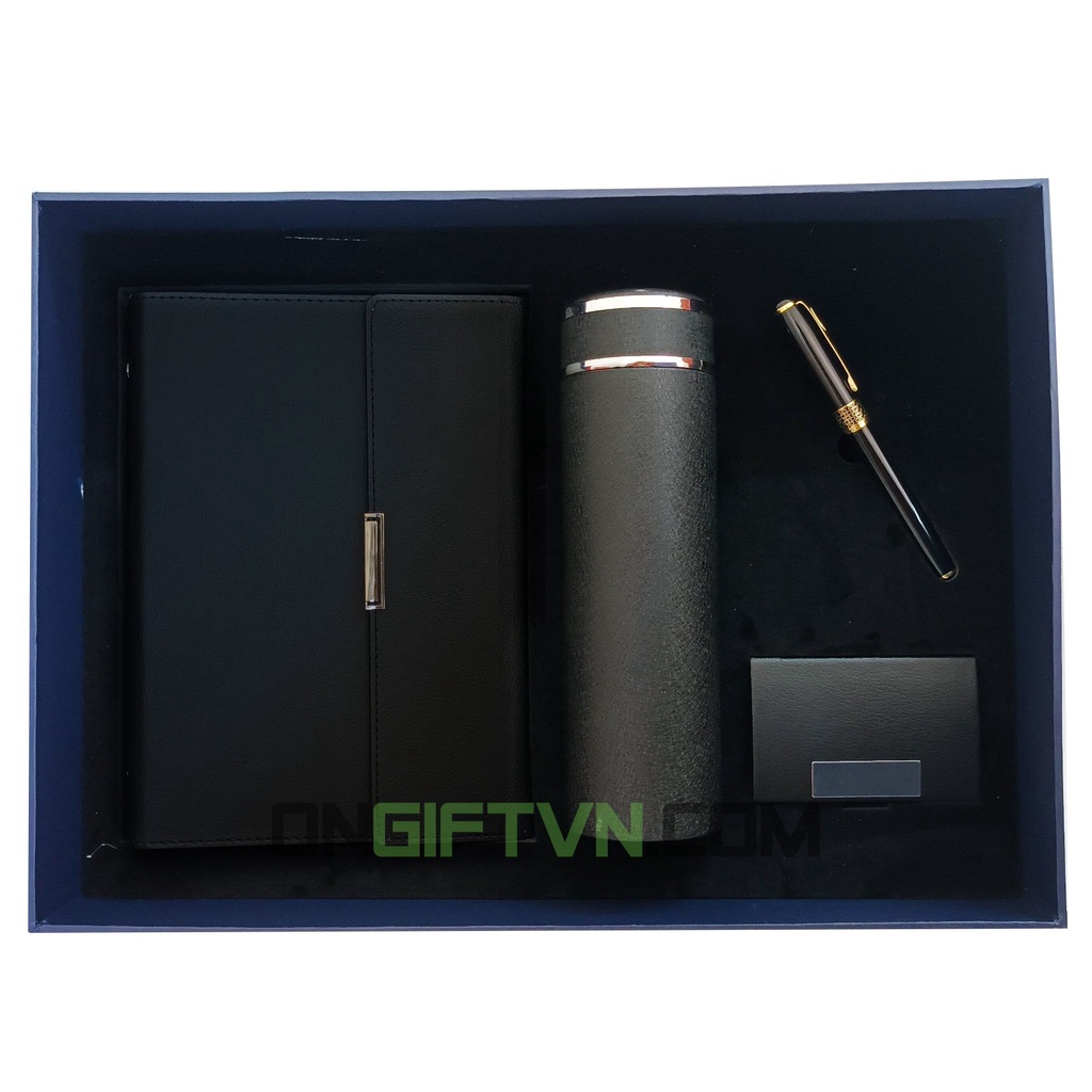 Bộ quà 4 món sổ da Pu gáy còng và bút ký cao cấp + bình giữ nhiệt + Hộp đựng danh thiếp có hộp quà sang trọng, logo yc