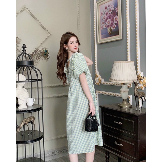 Đầm bầu kẻ ô dáng babydoll tay phồng siêu xinh chất đũi mềm