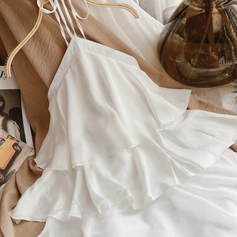 Váy Yếm 3 tầng Mặc Dã Ngoại, Đầm Cổ Yếm Màu Trắng Dáng BabyDoll  Đi Biển Dạo Phố V02