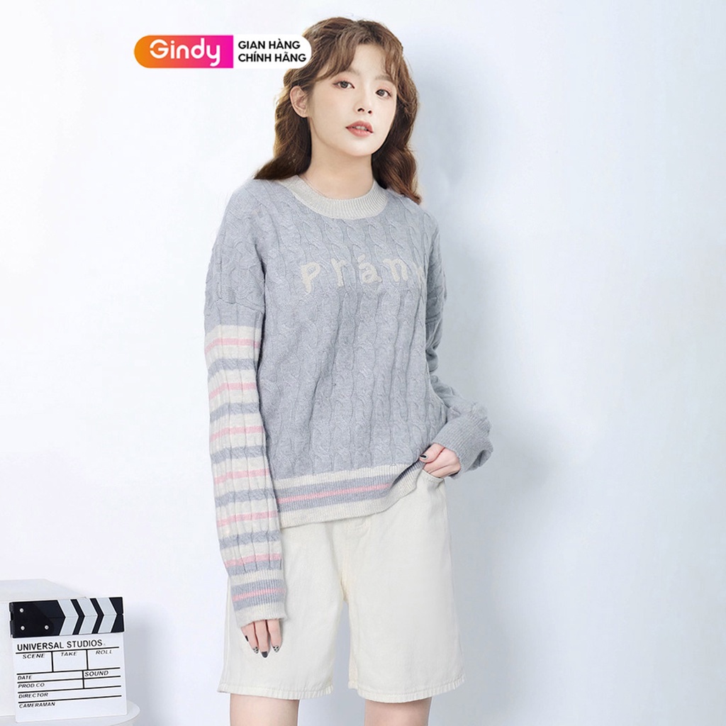 Áo len nữ cổ tròn phối tay kẻ ngang vải dày dặn GINDY thời trang ulzzang hàn quốc thời trang thu đông có 4 màu AMN001