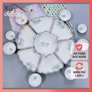Bộ bát đĩa hoa mặt trời vẽ sen xanh, bộ bát đĩa sứ BÁT TRÀNG cao cấp, men kem cùng họa tiết sen xanh tinh xảo