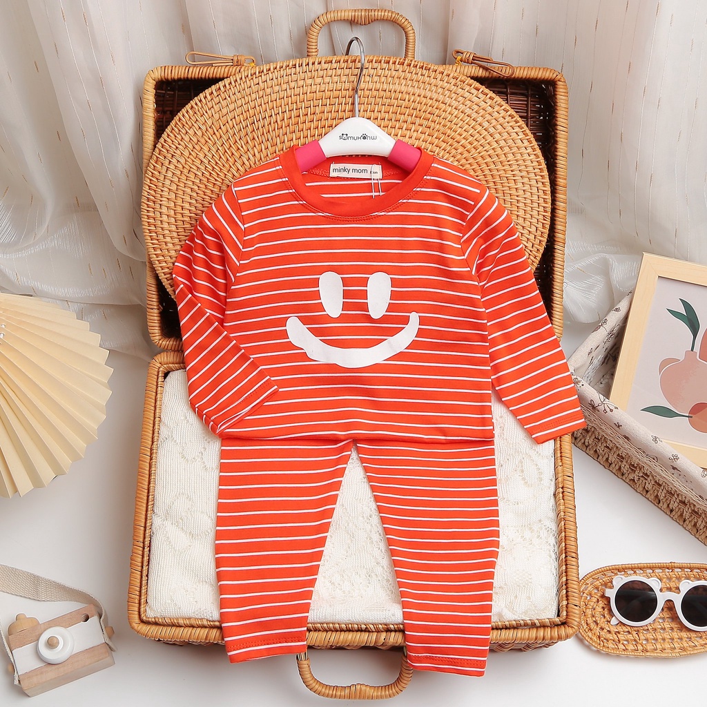 [SALE] Bộ Quần Áo Bé Gái, Bé Trai Minky Mom Vải Cotton Sọc Ngang Mặt Cười, Bộ Dài Tay Cho Bé Mặc Thu Đông MKMTD2173