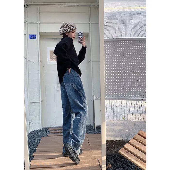 ❁☫Quần Jean Nữ Ống Rộng Lưng Cao Thêu Chữ Phong Cách Thu Đông Mới
