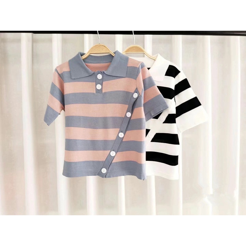 Áo polo Tay Ngắn Họa Tiết Kẻ Sọc Thời Trang Hàn Quốc Cho Nữ