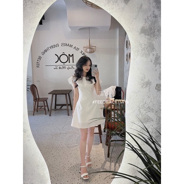 Váy cổ bèo dự tiệc cộc tay Tia19. Đầm dáng xoè dự tiệc trắng