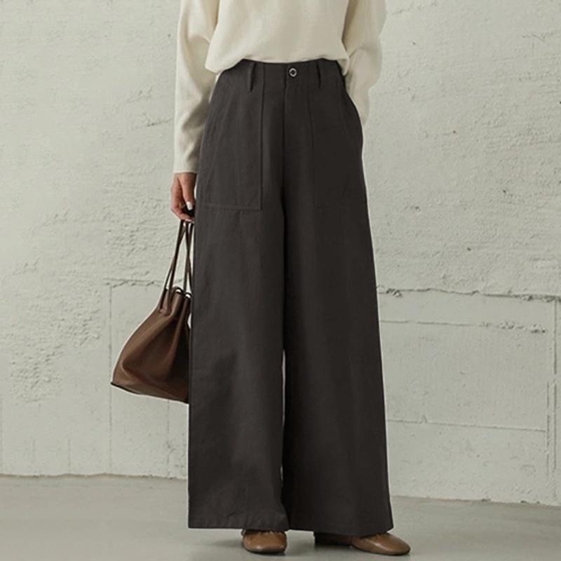 Quần dài ống rộng ZANZEA lưng thun màu trơn thời trang thanh lịch cho nữ