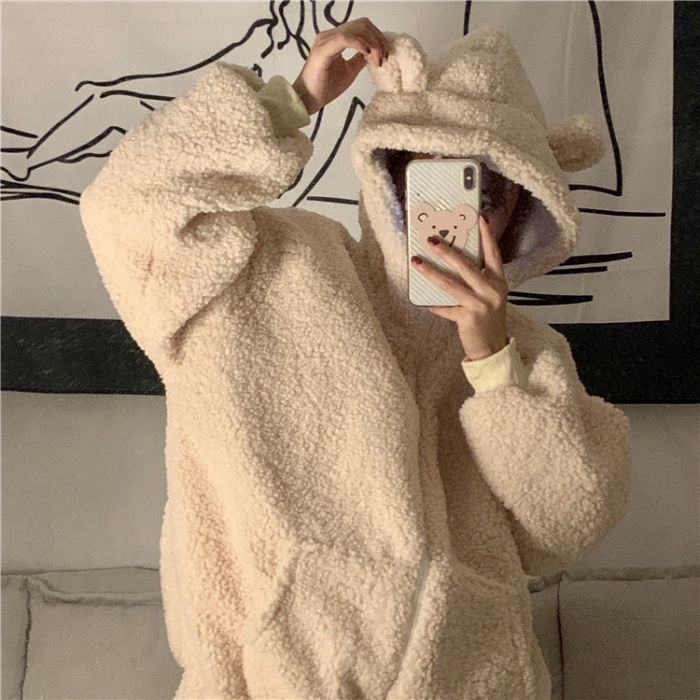 Áo Hoodie Lông Cừu Dáng Rộng Đính Tai Gấu Dễ Thương Thời Trang Thu Đông Cho Nữ