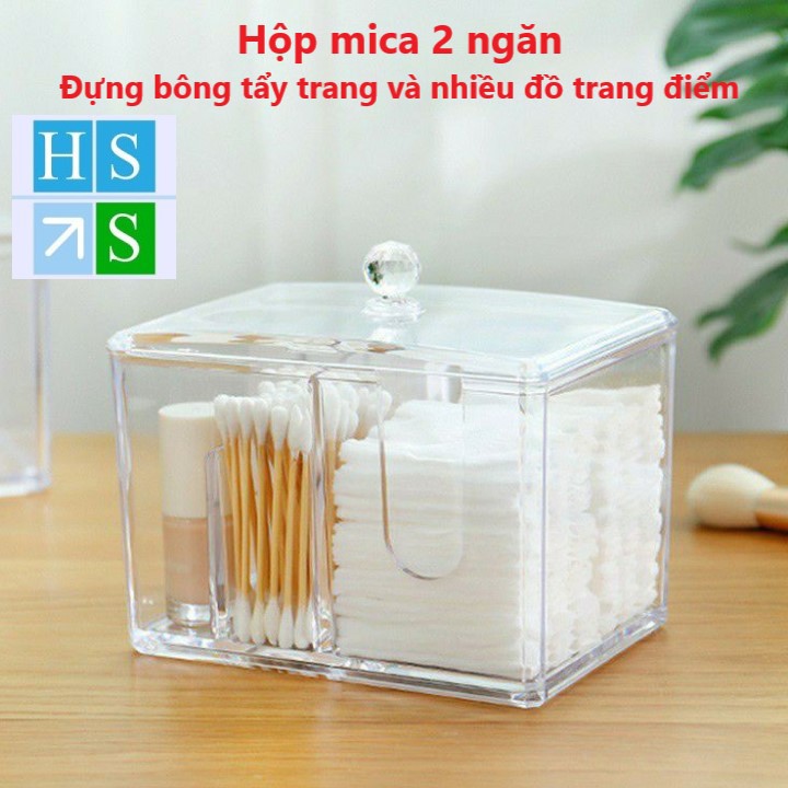 Hộp mica trong suốt 2 ngăn - Hộp đựng đồ trang điểm , bông tấy trang , tăm bông...có nắp đậy , sang trọng