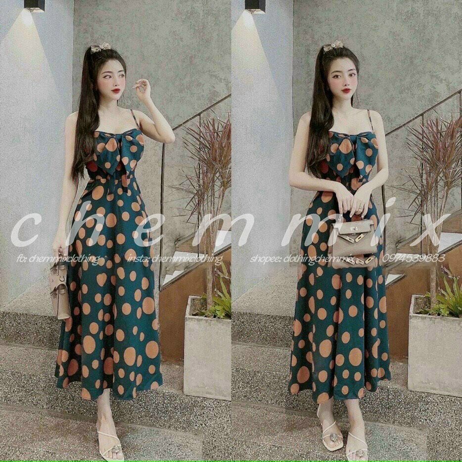 Đầm maxi đi biển 2 dây chấm bi ChemMix thiết kế siêu xinh cho nàng dạo phố, dự tiệc, dạ hội