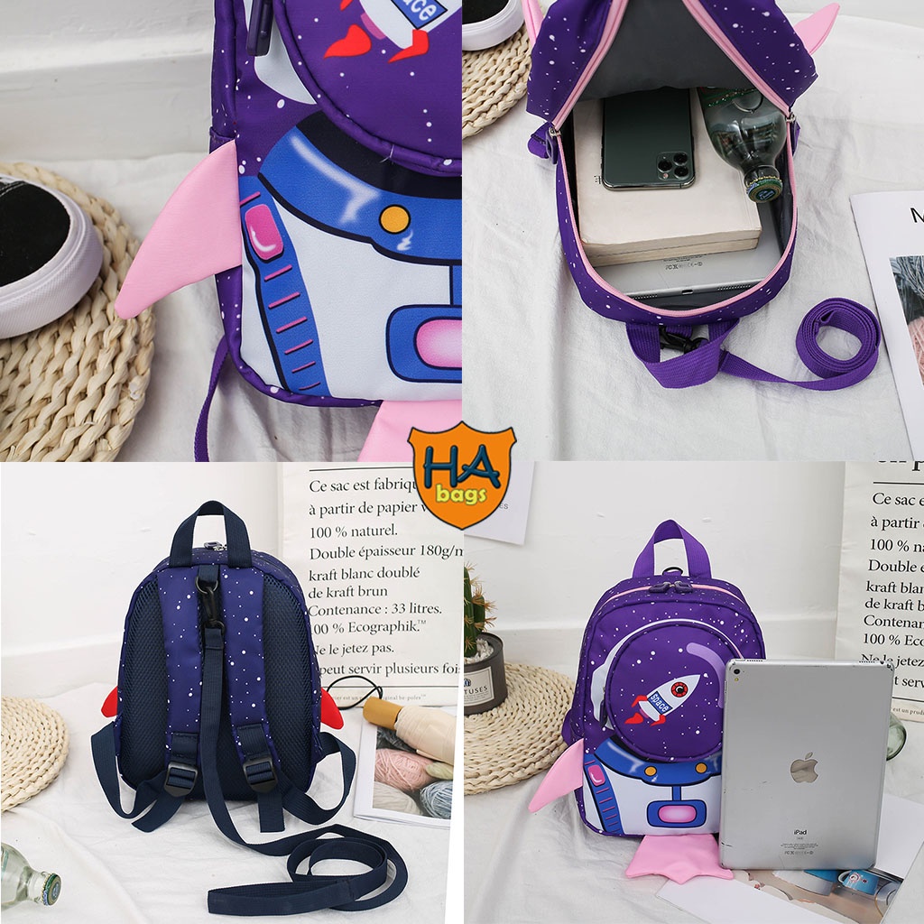 Balo cho trẻ mầm non siêu nhẹ HABAGS  kích thước 21x21x10cm, kiểu dáng tàu vũ trụ, có dây chống lạc HA1008