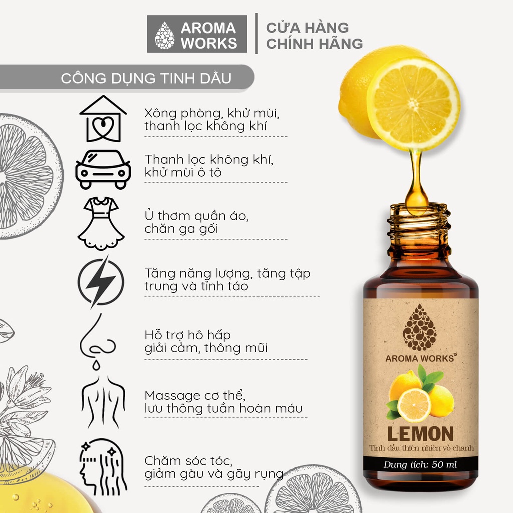 Tinh Dầu Chanh Thiên Nhiên Thơm Phòng, Khử Mùi, Đuổi Muỗi, Giải Cảm Aroma Works Essential Oils Lemon