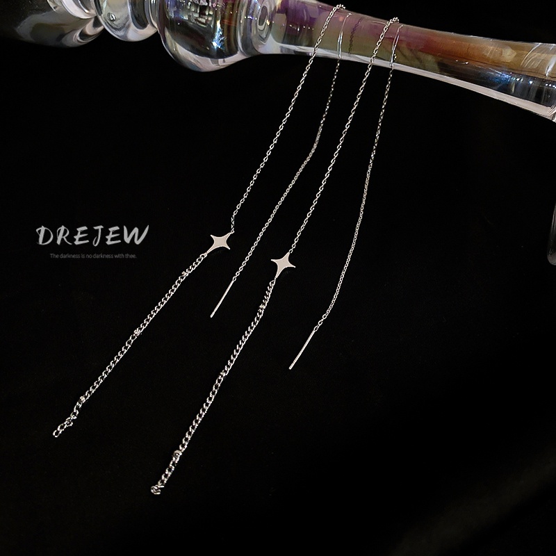 DREJEW Bông Tai Dáng Dài Hình Ngôi Sao Năm Cánh Bằng Bạc Thời Trang