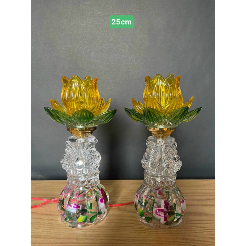 1 đôi Đèn thờ cúng pha l ê, Đèn trang trí bàn thờ LED hoa sen 1 bông cao 30cm