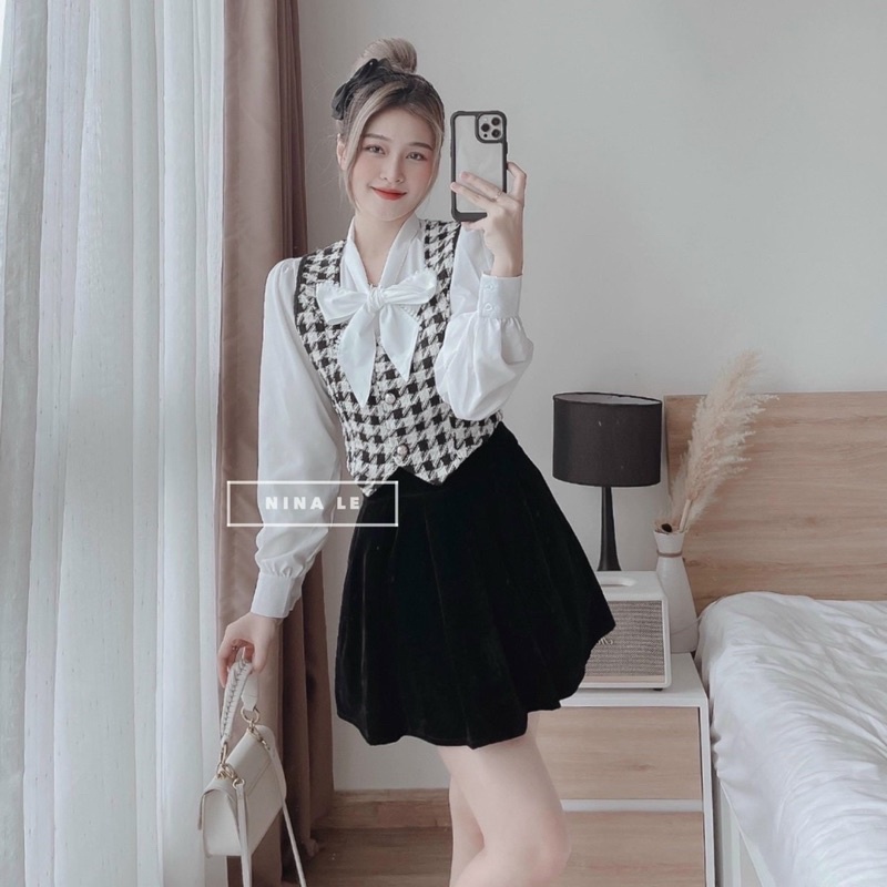 Sét áo sơ mi nơ phối áo gile dạ kẻ mix chân váy nhung siêu xinh